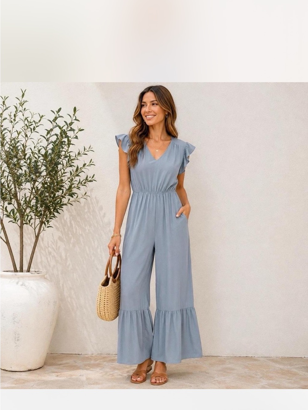 Monteau Los Angeles Boho Women's Light Blue Ruffle Hem Jumpsuit